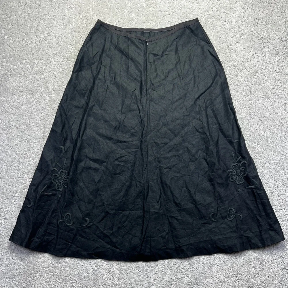 Evan-Picone Midi Skirt Women Size 10 Black 100% Linen A-Line Embroidered Flowers